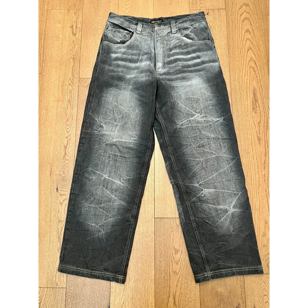 Vintage GodBody Baggy Jeans 34x32 Y2K Wide Leg Lightning Wash GB Denim Tech 12"